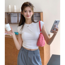 批发实拍2026春夏新款好身材显瘦高腰辣妹纯色圆领t恤女修身短袖上衣