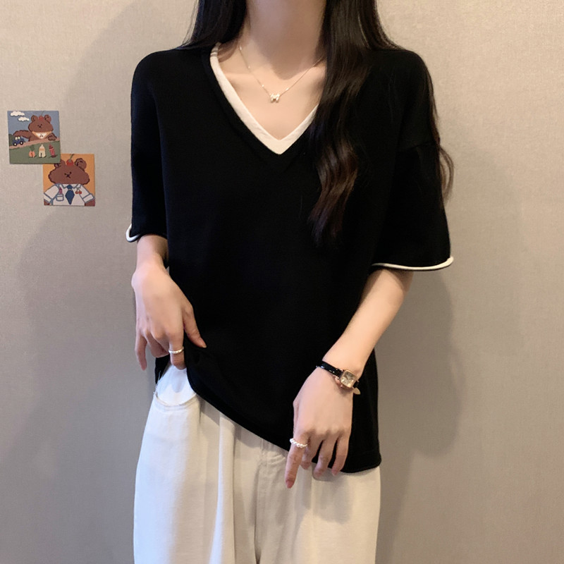 실사 통통한 여동생 여름 드레스 빅 사이즈 여성 의류 2026 년 새로운 페이크 레이어드 V넥 반팔 티셔츠 슬림해 보이는 얼음 실크 맨위