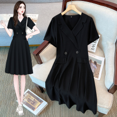 批发实拍2026年夏季新品大码女装胖mm<b class='q'>中长款</b>收腰西服领短袖连衣裙女