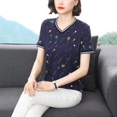 批发女士t恤短袖纯棉<b class='q'>夏</b>季大码印花宽松遮肚子v领上衣新款全棉妈妈T恤