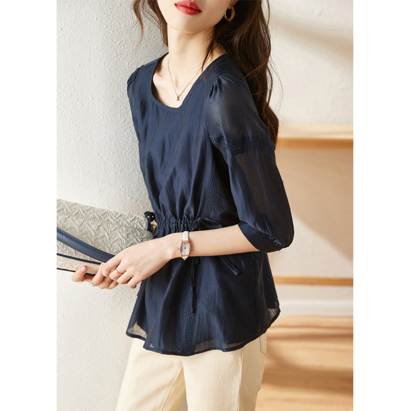 일곱 분 소매 레이스 스티칭 작은 셔츠 봄과 가을 기질 펌프 로프 허리 슬림 블라우스
