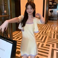 批发小香风套装女2026新款高级感撞色吊带<b class='q'>连衣裙</b>外搭针织开衫短袖上衣