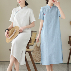 批发实拍妈妈夏装洋气质棉麻连衣裙<b class='q'>中老年</b>女中国风<b class='q'>短袖</b>旗袍裙
