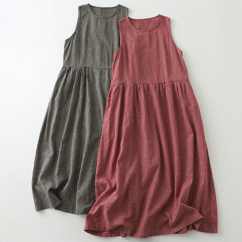 면 린넨 특대 사이즈 진자 루즈핏 민소매 조끼 스커트 새로운 수 슈앙 통기성 체크무늬 드레스