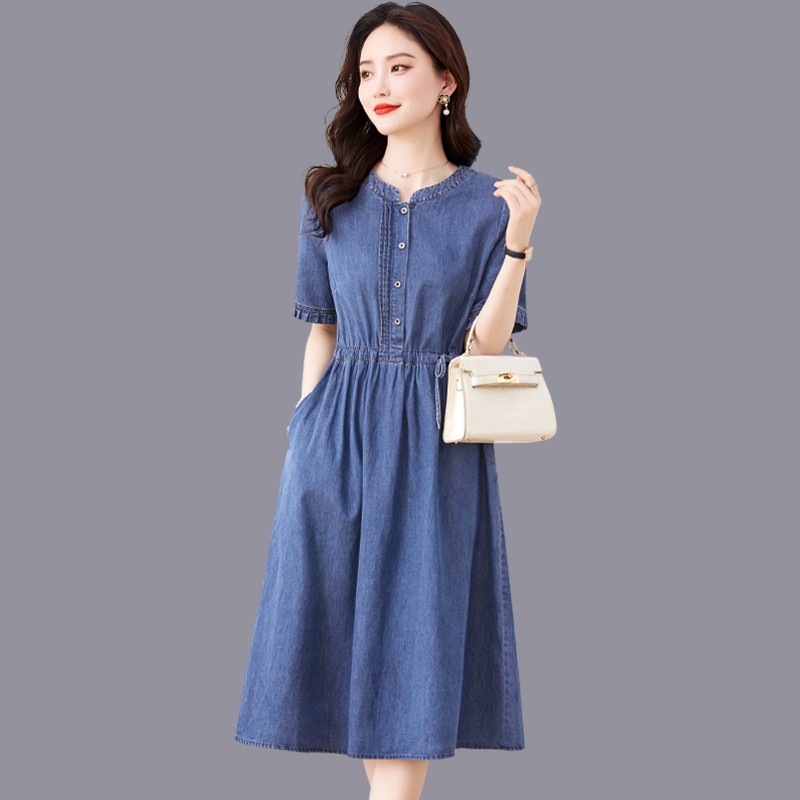 MY8699# 牛仔连衣裙女春夏新款休闲大码装中长款夏季短袖薄棉A裙子女裝貨源服裝批發
