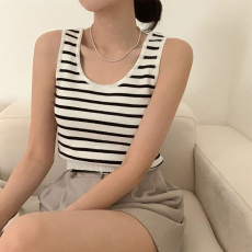 批发大码女装 吊带短款背心性感纯色条纹修身圆领套头无袖打底针织衫