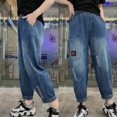 批发夏季宽松薄款牛仔裤女百搭时尚高腰休闲松紧腰显瘦水洗<b class='q'>哈伦</b>阔腿裤