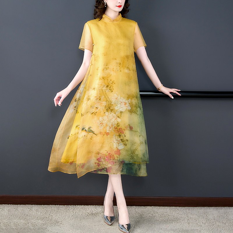 MY8650# 新中式真丝连衣裙时尚改良旗袍桑蚕丝印花中国风度假长裙夏女裝...