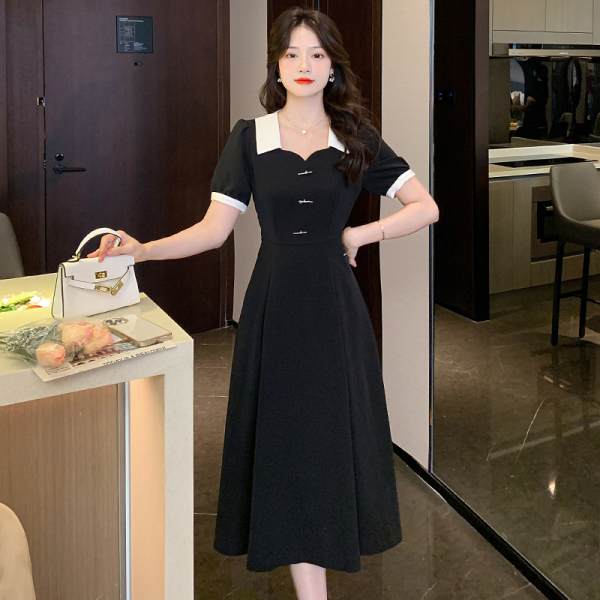 RM13885#新款黑色气质通勤连衣裙女夏季长款收腰显瘦a字裙子