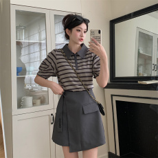 批发实拍2025新款<b class='q'>大码</b>半身裙套装女条纹拉链泡泡短袖上衣高腰不规则裙