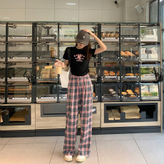 批发格纹休闲阔腿<b class='q'>裤</b>子女夏季新款<b class='q'>宽松</b>显瘦高腰垂感直筒拖地<b class='q'>裤</b>