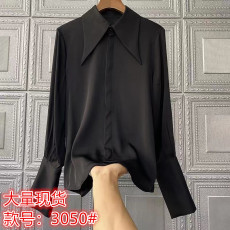 批发一线大品牌高端外贸<b class='q'>单</b>女装<b class='q'>原</b>尾货出口剪标真丝纯色尖领长袖衬衣衫