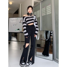 批发黑色开叉破洞牛仔裤女<b class='q'>宽松</b>夏季新款高腰拖地裤百搭直筒鞋