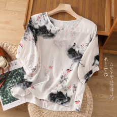 批发实拍森系禅意复古棉麻个性上衣 宽松百搭显瘦印花亚麻圆领T恤衬衣