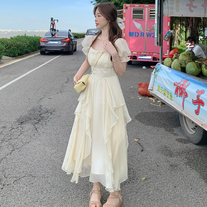 프랑스식 광장 칼라 달콤함 부드러운 요정 바람 여성 드레스 여름 새로운 여성 의류 허리 수축 슬림해 보이는 중간 길이 치마