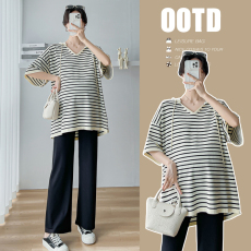 批发实拍大版型新款孕妇<b class='q'>夏</b><b class='q'>装</b>韩版时尚休闲<b class='q'>宽松</b>型冰丝条纹简约