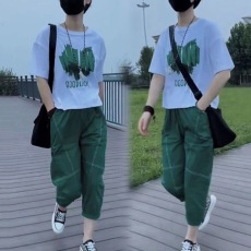 批发纯棉休闲运动<b class='q'>套装</b>女2026夏季新款时尚宽松印花短袖<b class='q'>哈伦裤</b>子两件套