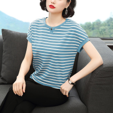 批发纯棉条纹短袖t恤女夏装2026新款<b class='q'>中老年</b>圆领百搭宽松大码半袖上衣