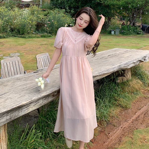 RM15701#气质泡泡袖收腰褶皱连衣裙女夏纯色显瘦温柔法式长裙