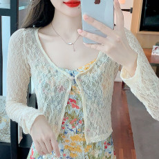 批发已出货 2026春夏季新款短款纽扣修身蕾丝衫长袖防晒衣女