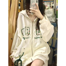 批发仿棉大鱼鳞美式复古刺绣连帽<b class='q'>卫衣</b>女春秋宽松<b class='q'>开衫</b>外套