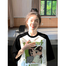 批发美式复古插肩袖短袖T恤女2026夏季<b class='q'>新款</b>设计感拼接上衣ins潮