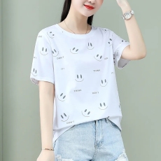 批发官图 纯棉灰色短袖t恤<b class='q'>女装</b>夏季新款洋气宽松短款笑脸印花体恤上衣