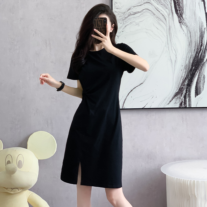 실사 2026 여름 새로운 드레스 중간 길이 티셔츠 치마 라운드 넥 반팔 비틀림 품격 빅 사이즈 드레스