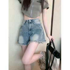 批发实拍毛边小众设计感大码胖mm<b class='q'>牛仔</b>短裤女高腰夏季辣妹A字阔腿热裤