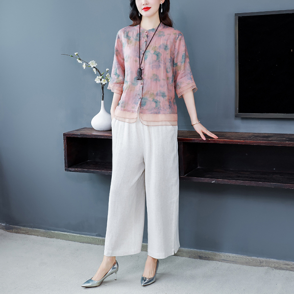 RM18734#棉麻套装女夏季成套搭配新款休闲时尚高端苎麻上衣两件套亚麻
