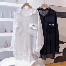 批发<b class='q'>韩版</b>春夏季字母印花原宿风时尚衬衫大码宽松休闲防晒衣外套女