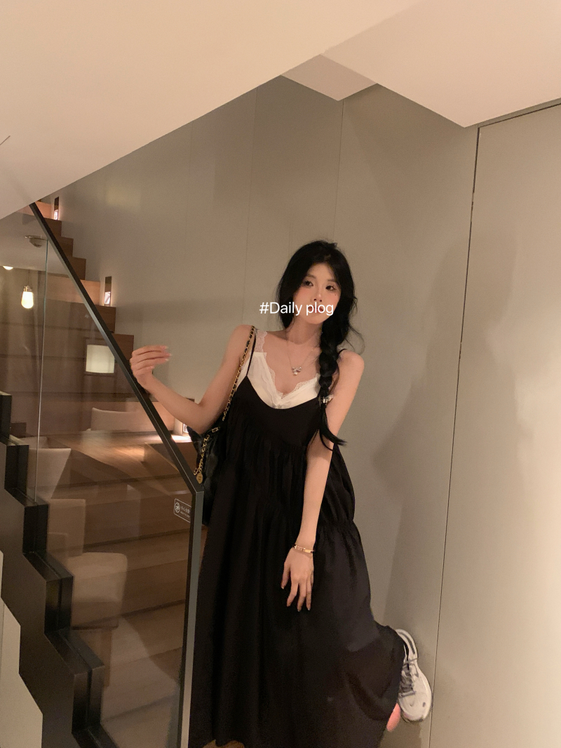 實拍 手撕褶皺a字裙寬鬆吊帶連衣裙純欲疊穿背心女蕾絲吊帶
