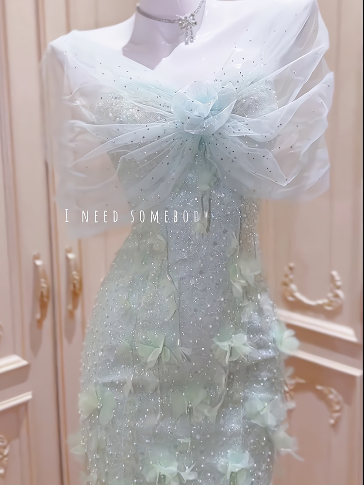 프랑스식 무거운 작업 빛 럭셔리 진주 못 훈련 허리 수축 드레스 명문 여성 품격 스팽글 망사 높음 세트 몽환 요정 치마