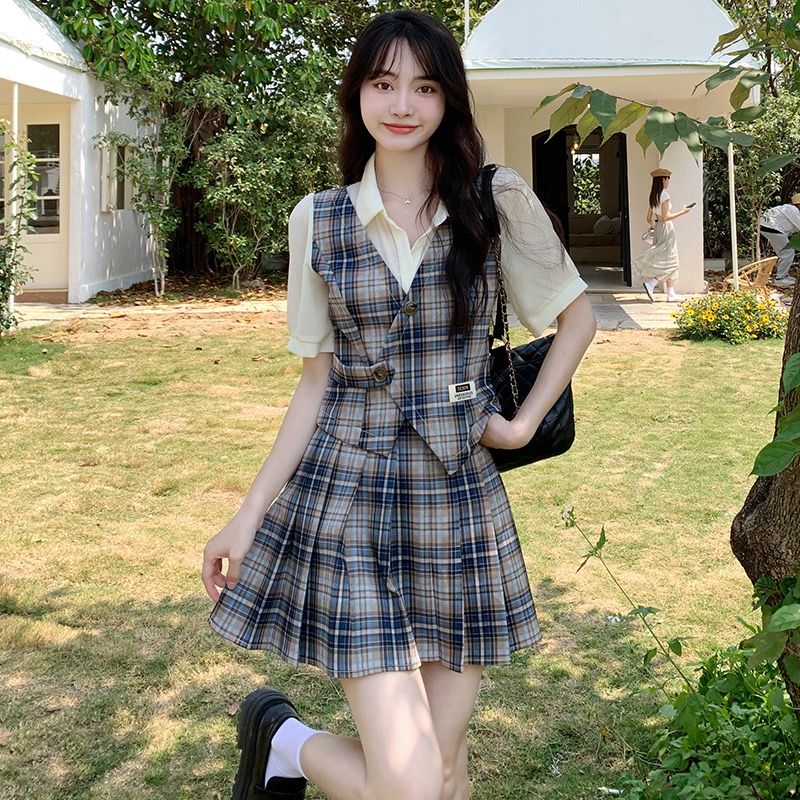 MY9758# 夏装新款格子百褶裙减龄套装学院风泡泡袖jk服显瘦两件套女裝...