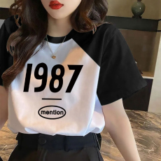 批发黑白撞色纯棉印花短袖韩版T恤女2026夏季<b class='q'>新款</b>宽松百搭上衣ins潮