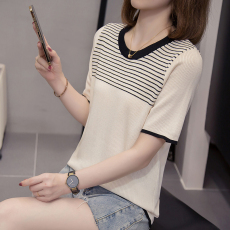 批发2026年夏季新款拼色条纹圆领冰丝针织衫上衣大码女装宽松短袖T恤