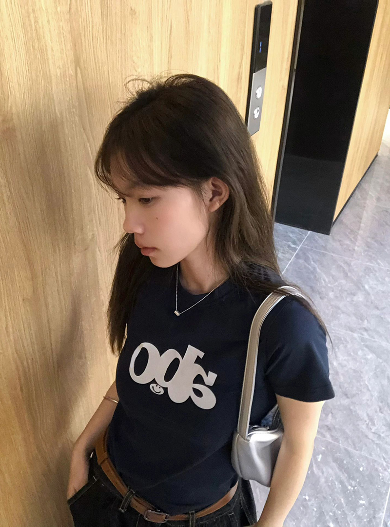 韩版hiphop藏青色正肩短袖t恤女夏季修身显瘦高级感休闲百搭上衣