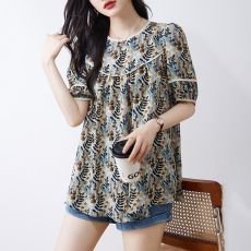 批发实拍欧洲站大码新款洋气印花<b class='q'>雪纺</b>小衫夏宽松胖妹妹女装2026夏季