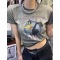 美式复古卡通印花渐变色扎染圆领短袖修身T恤女2023夏韩版时髦t潮轮播图1