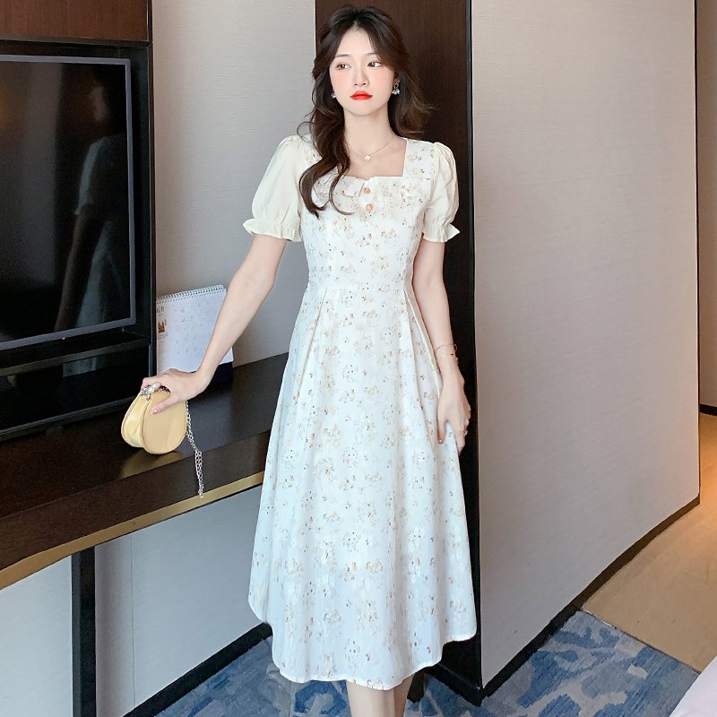 PF29435#夏季新款收腰显瘦法式气质立体浮雕提花长款短袖碎花连衣裙女女裝貨源服裝批發
