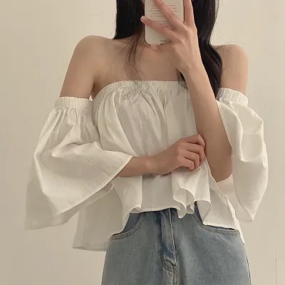 있음 밖으로 작은 대중 나팔 소매 오프숄더 튜브탑 프랑스식 부드러운 쇼트 스타일 셔츠 여성