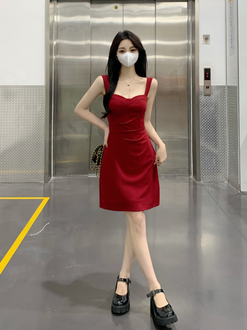 PF7164#大码女装港风复古红色吊带连衣裙针织开衫两件套设计气质显瘦长裙