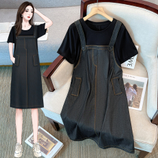 批发实拍大码2025夏女胖mm新款撞色拼接假两件背带短袖连衣裙中长款裙