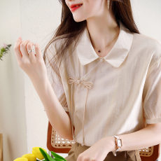 批发温柔新中式盘扣衬衣女夏短袖薄款设计高级感小众气质天丝翻领小衫