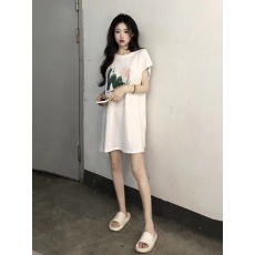 批发纯棉实价包后领女孩印花无袖T恤女夏季宽松运动中长款背心裙