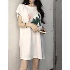 批发纯棉包后领水墨画印花无袖<b class='q'>T</b><b class='q'>恤</b>女夏季宽松运动中长款背心裙