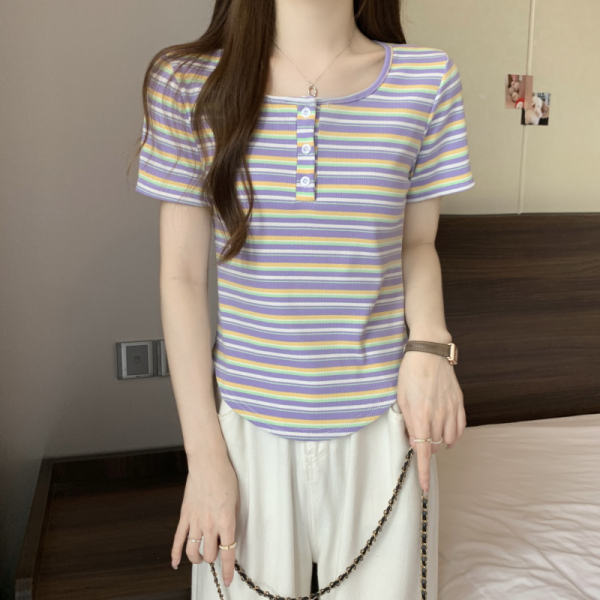 RM20385#新款复古撞色条纹设计感修身显瘦辣妹polo短袖T恤女上衣