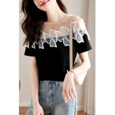 批发实拍◆◆夏季新款<b class='q'>雪纺</b>气质圆领<b class='q'>短袖</b>小衫重工钉珠网纱黑色<b class='q'>T</b><b class='q'>恤</b>