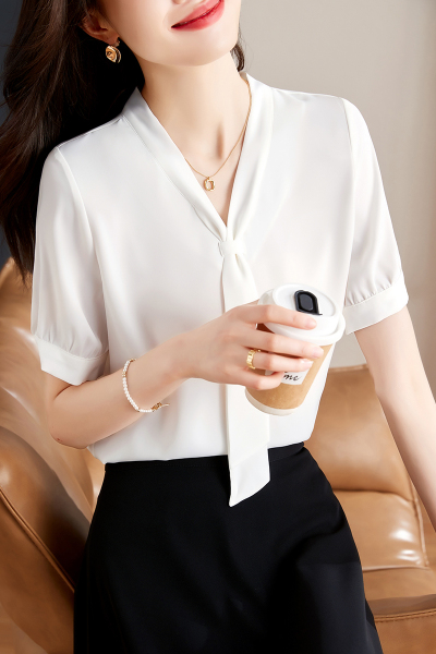 RM21038#短袖衬衫女2023夏新款高级感通勤白色雪纺衫飘带衬衣