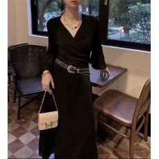 批发V领气质显瘦黑色连衣裙长款一片式<b class='q'>超</b>修身高腰韩版A字脚踝长裙子